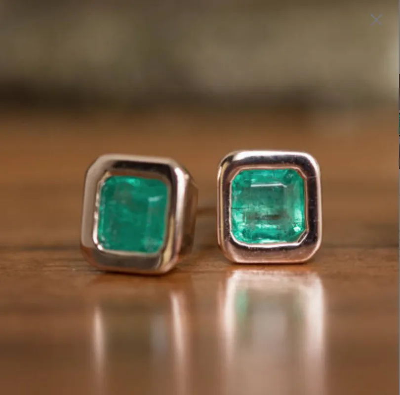 Emerald Bezel Set Earrings in Rose and Yellow Gold