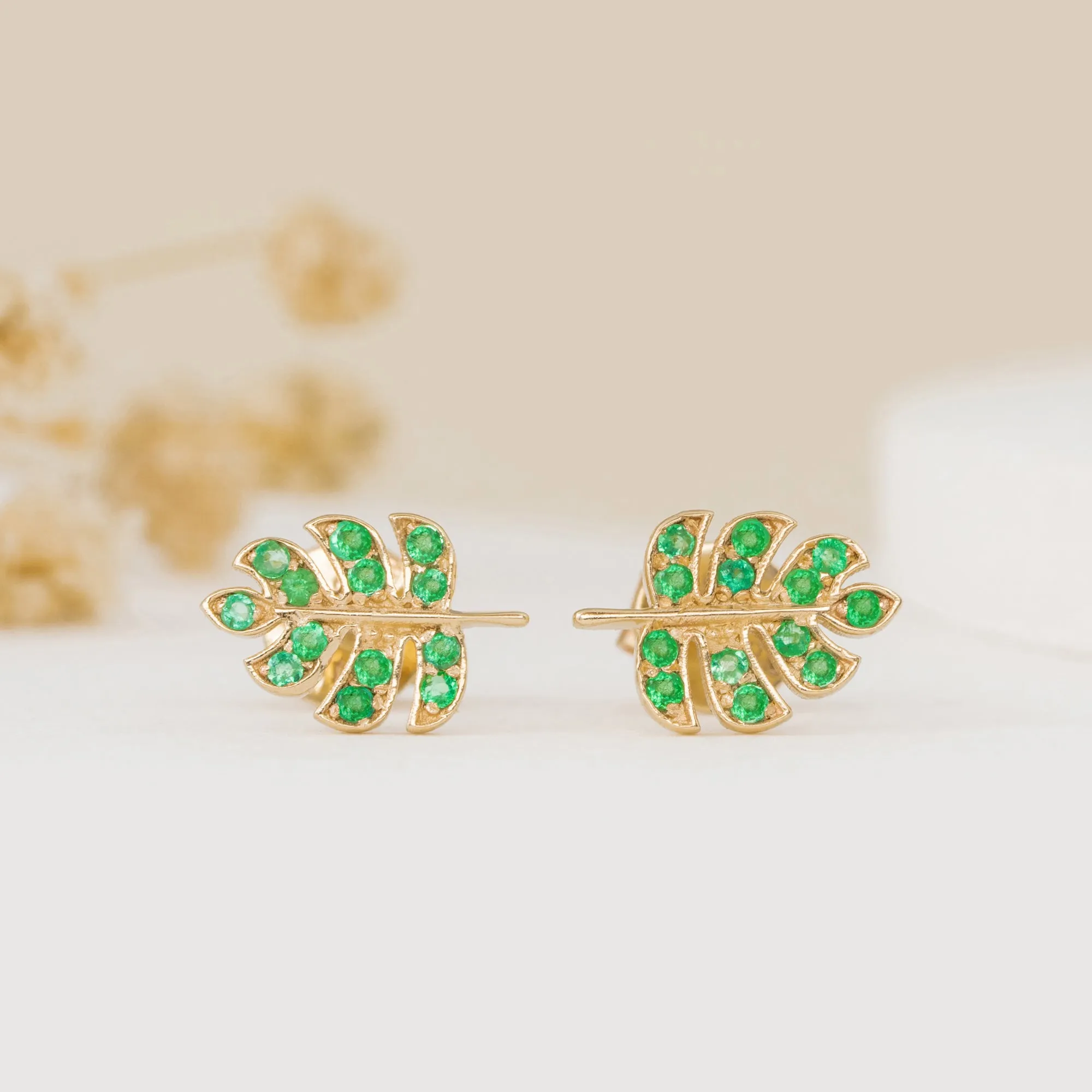 Emerald Palm Leaf Studs, Sasha