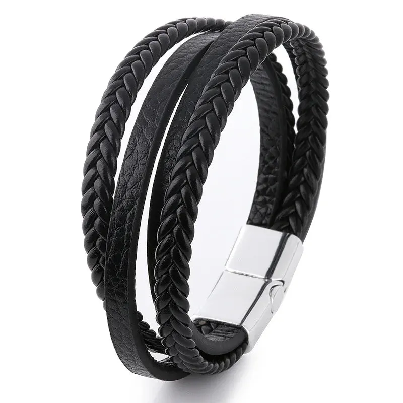 Fashion Simple Design Multilayer Leather Rope Hand Woven 316L Stainless Steel Magnet Bracelet Men's Jewelry
