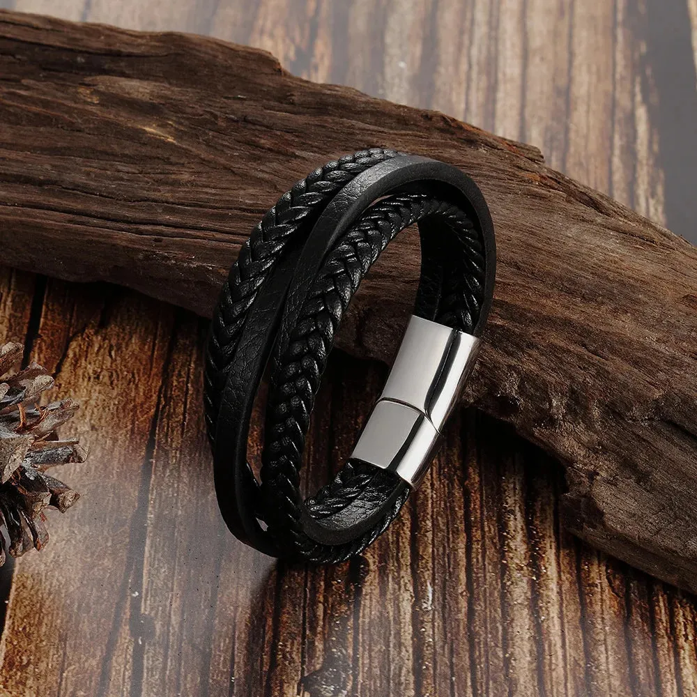 Fashion Simple Design Multilayer Leather Rope Hand Woven 316L Stainless Steel Magnet Bracelet Men's Jewelry