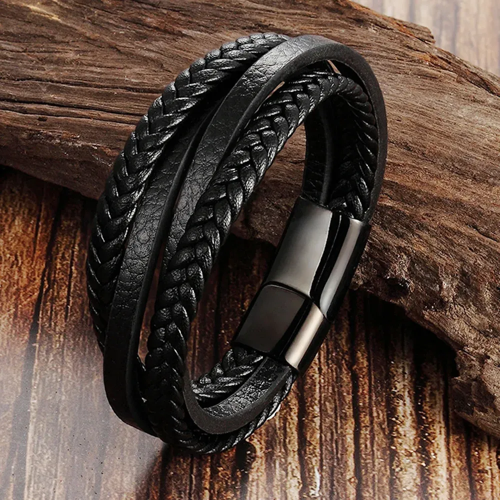 Fashion Simple Design Multilayer Leather Rope Hand Woven 316L Stainless Steel Magnet Bracelet Men's Jewelry