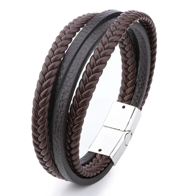 Fashion Simple Design Multilayer Leather Rope Hand Woven 316L Stainless Steel Magnet Bracelet Men's Jewelry