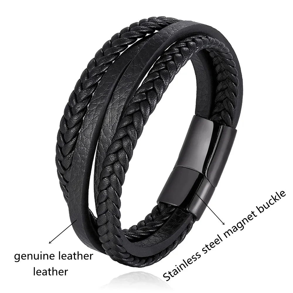 Fashion Simple Design Multilayer Leather Rope Hand Woven 316L Stainless Steel Magnet Bracelet Men's Jewelry