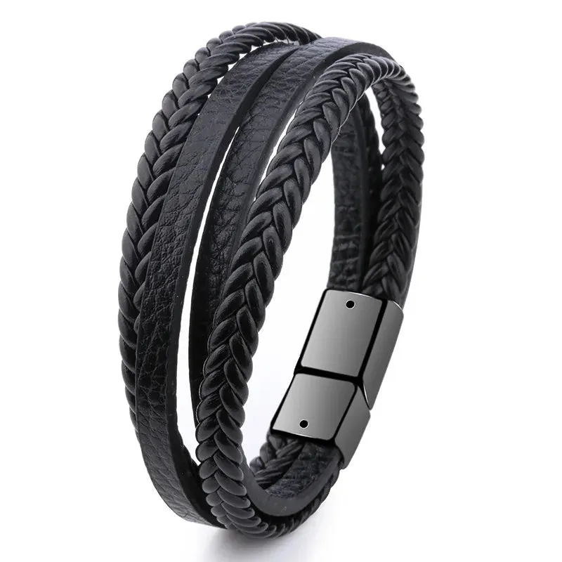 Fashion Simple Design Multilayer Leather Rope Hand Woven 316L Stainless Steel Magnet Bracelet Men's Jewelry