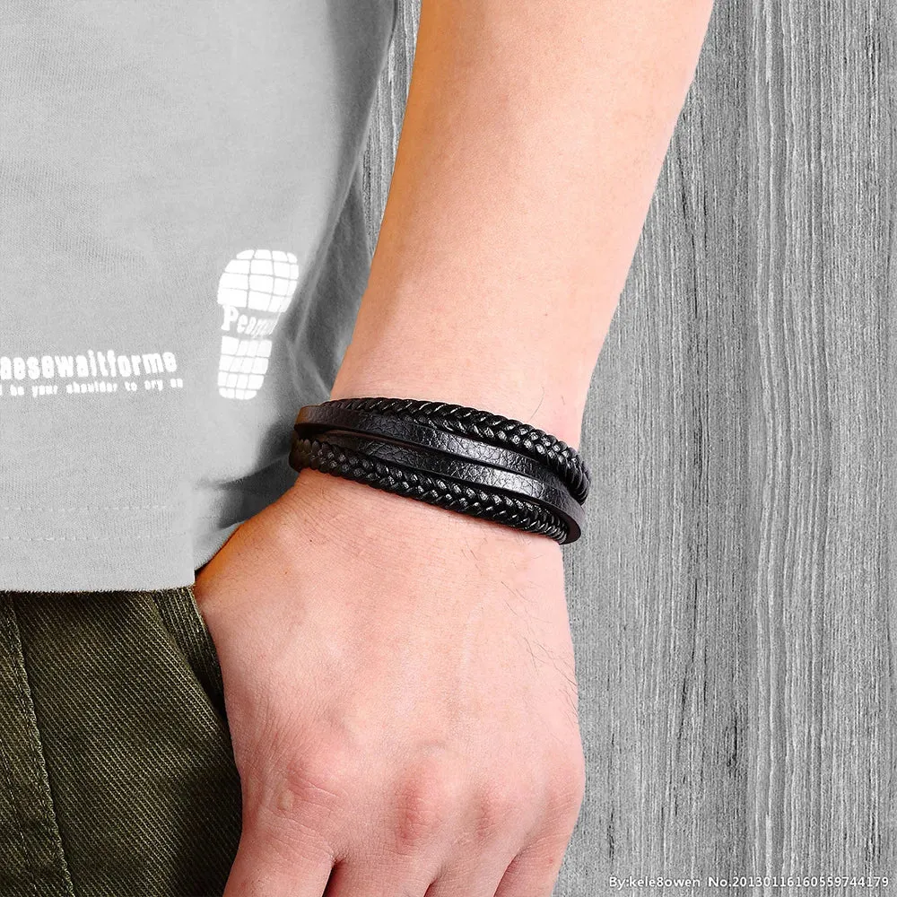 Fashion Simple Design Multilayer Leather Rope Hand Woven 316L Stainless Steel Magnet Bracelet Men's Jewelry
