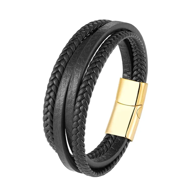 Fashion Simple Design Multilayer Leather Rope Hand Woven 316L Stainless Steel Magnet Bracelet Men's Jewelry