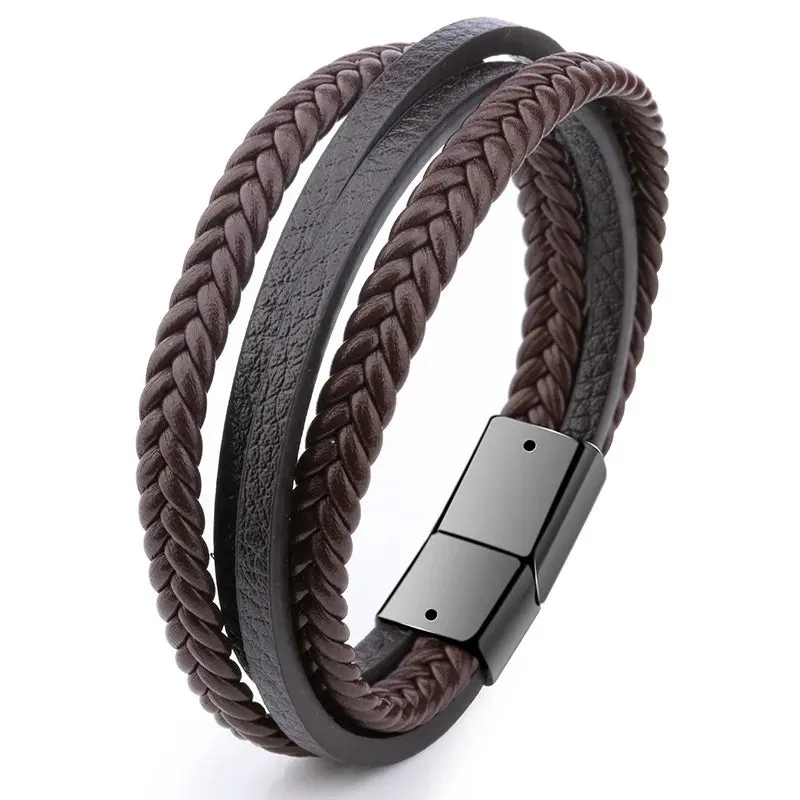 Fashion Simple Design Multilayer Leather Rope Hand Woven 316L Stainless Steel Magnet Bracelet Men's Jewelry