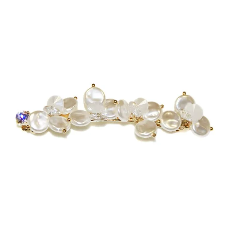 Flat Pearl Crystal Bead Diamante Barrette - Pearl/Crystal