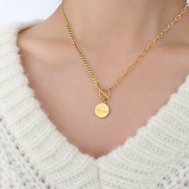 French Round OT Button Double Spell Pendant Necklace - Titanium Plated 18K Gold Jewelry Women