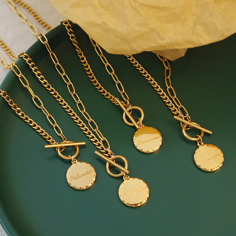 French Round OT Button Double Spell Pendant Necklace - Titanium Plated 18K Gold Jewelry Women