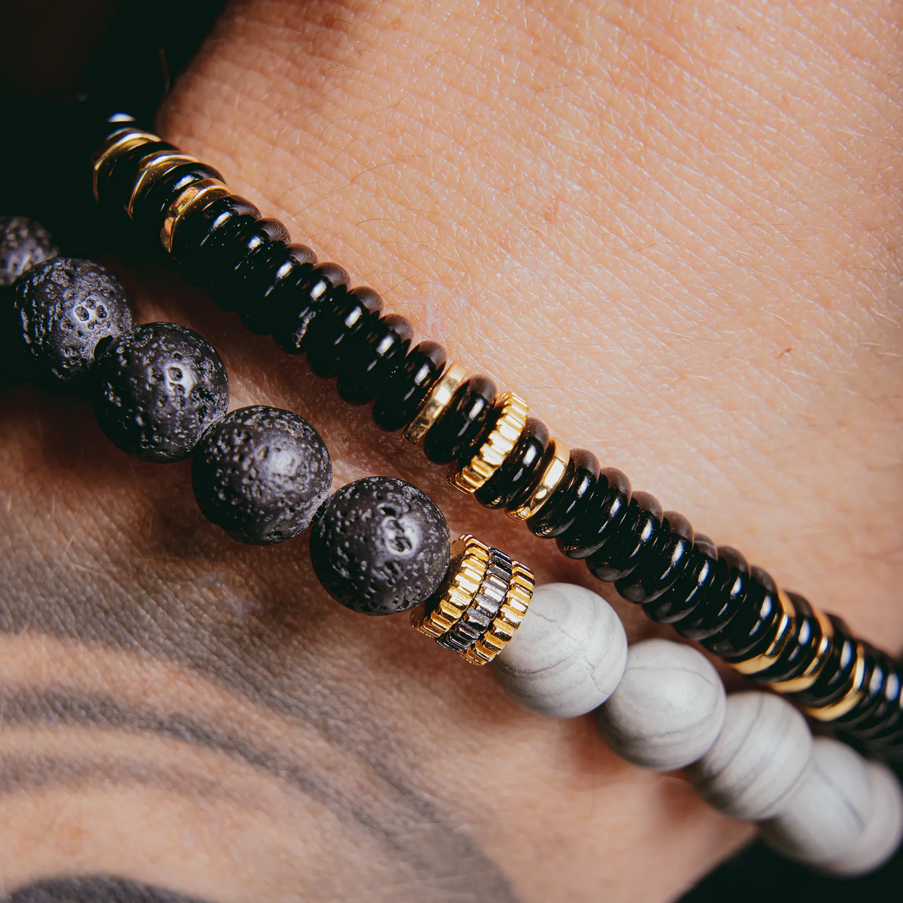 Gear Trio Beaded Bracelet With Lava Beads & Grey Wood Jasper