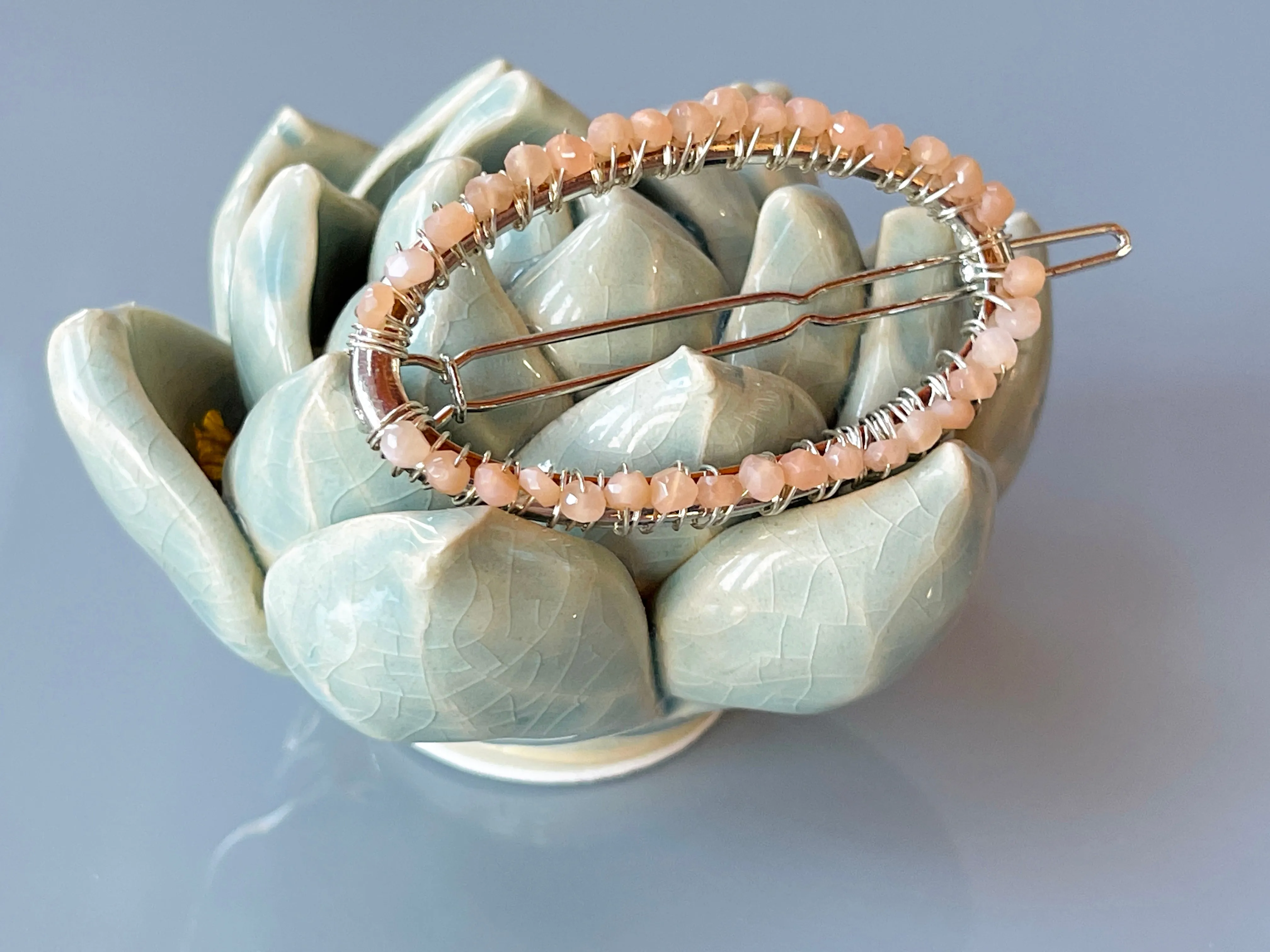 Gemstone Barrette Peach Moonstone Hair Clip, Luxury Barrette, Gemstone Hair Jewelry