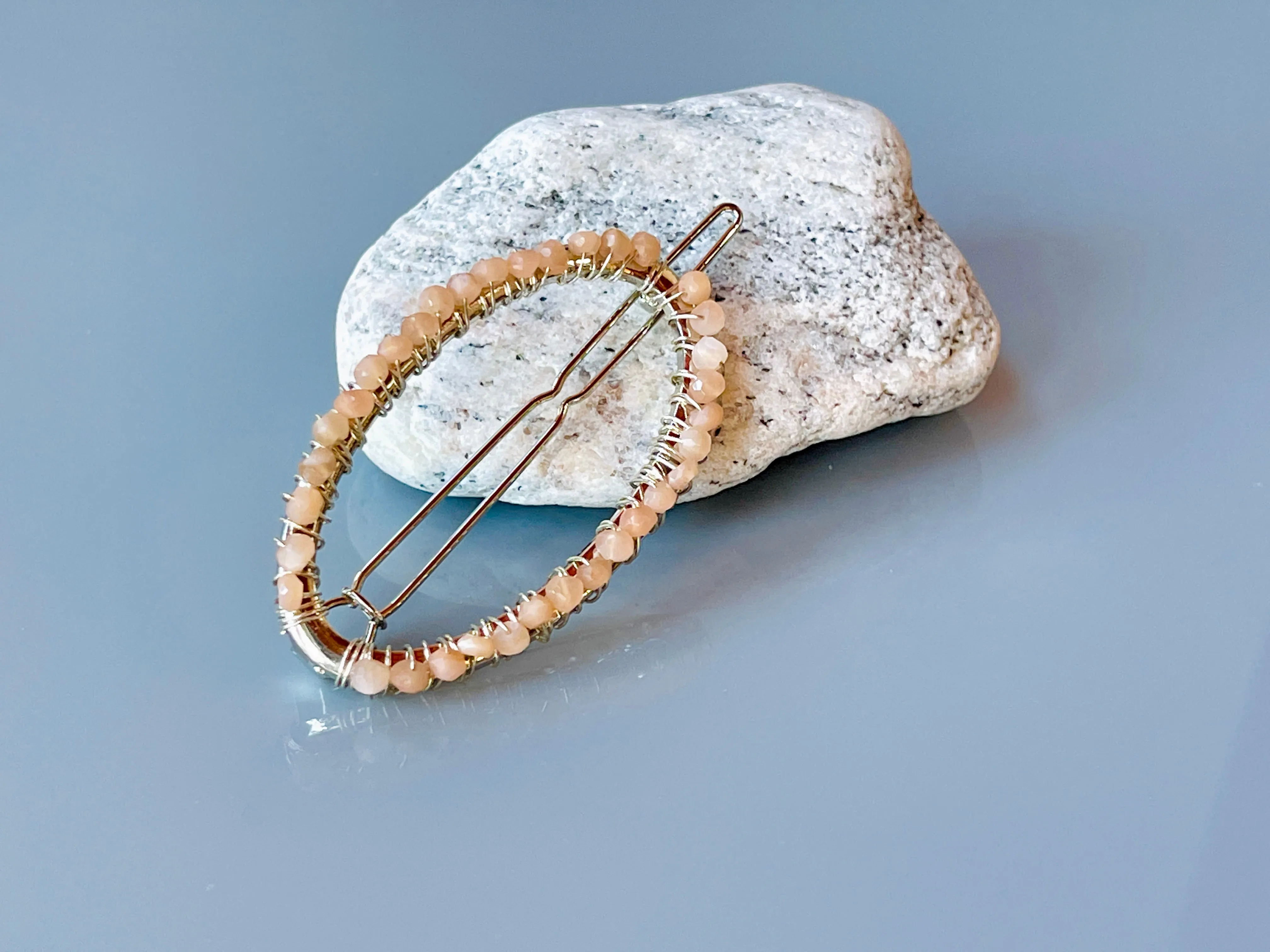 Gemstone Barrette Peach Moonstone Hair Clip, Luxury Barrette, Gemstone Hair Jewelry