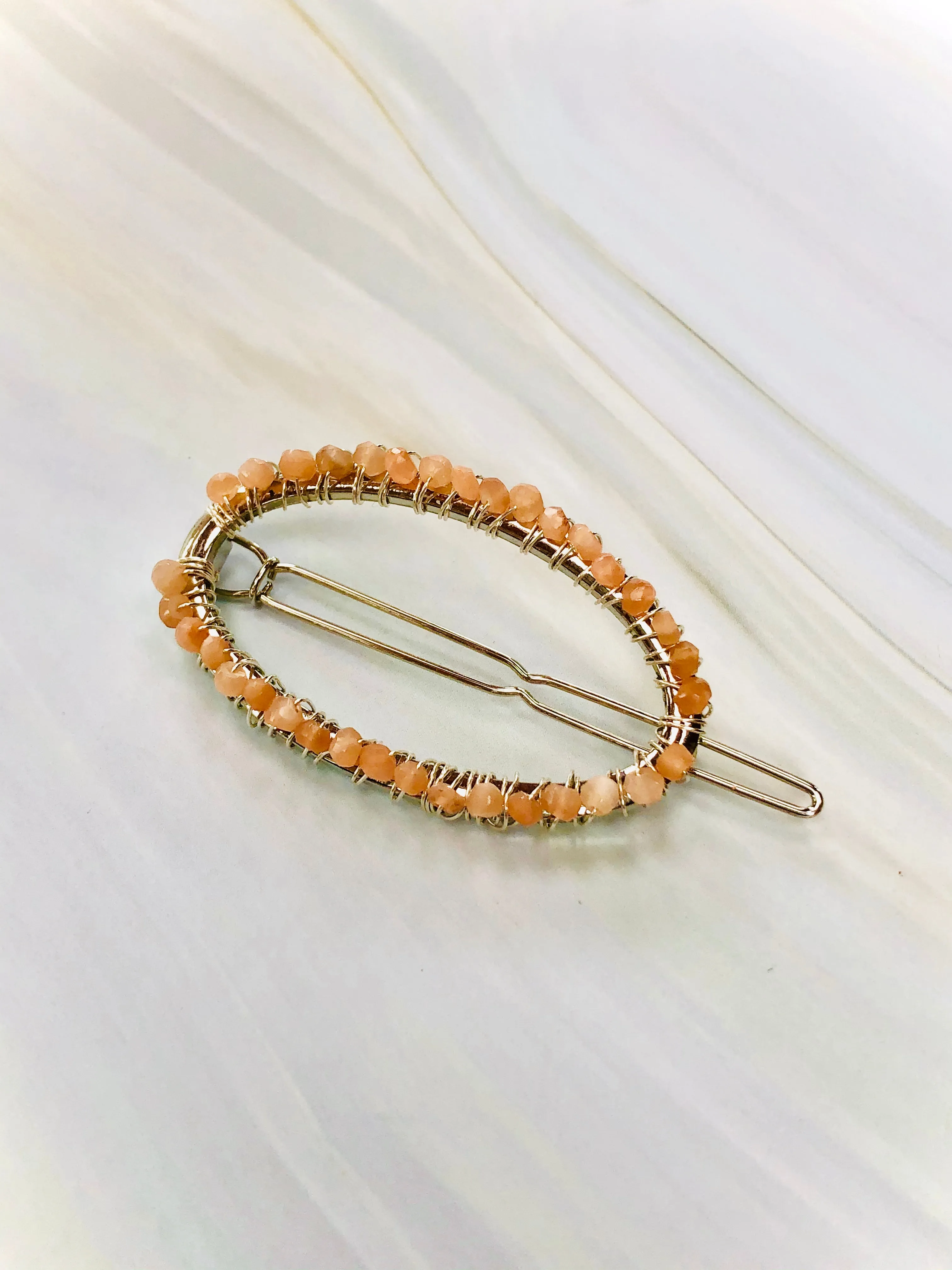 Gemstone Barrette Peach Moonstone Hair Clip, Luxury Barrette, Gemstone Hair Jewelry