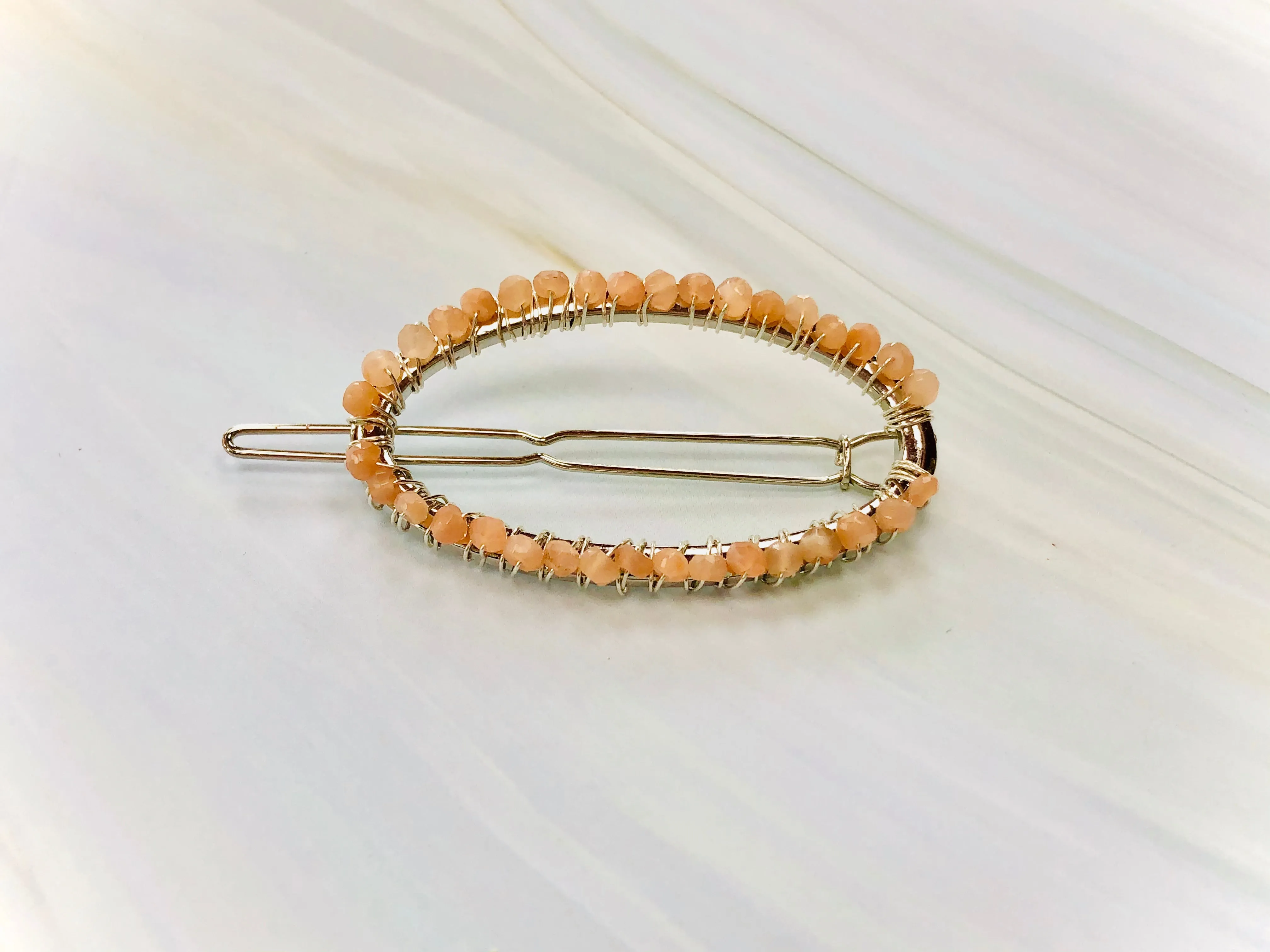Gemstone Barrette Peach Moonstone Hair Clip, Luxury Barrette, Gemstone Hair Jewelry