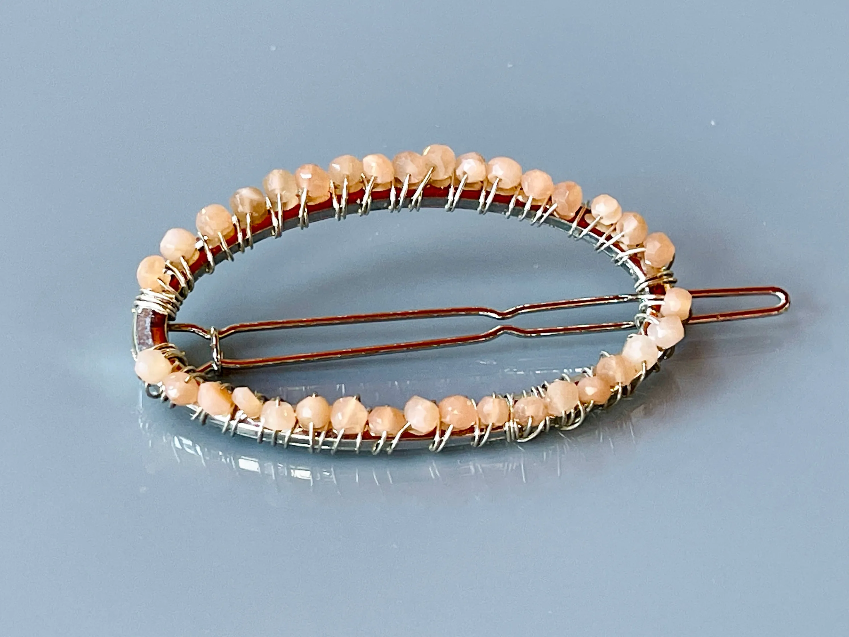 Gemstone Barrette Peach Moonstone Hair Clip, Luxury Barrette, Gemstone Hair Jewelry