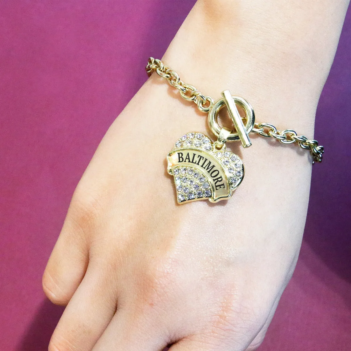 Gold Baltimore Pave Heart Charm Toggle Bracelet