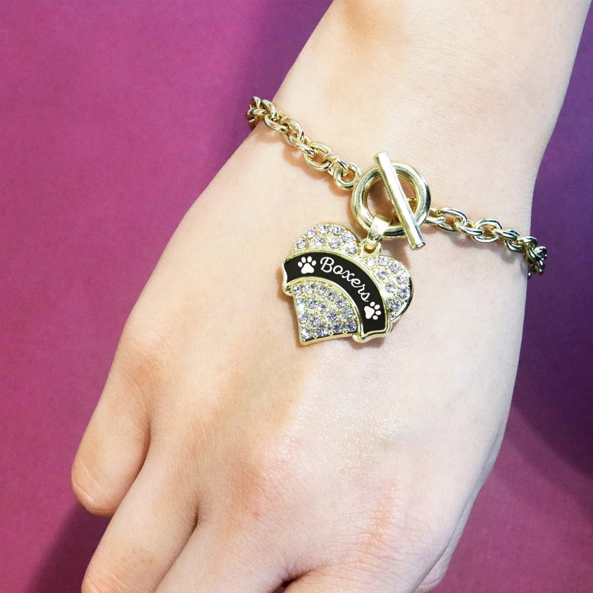Gold Boxers - Paw Prints Pave Heart Charm Toggle Bracelet