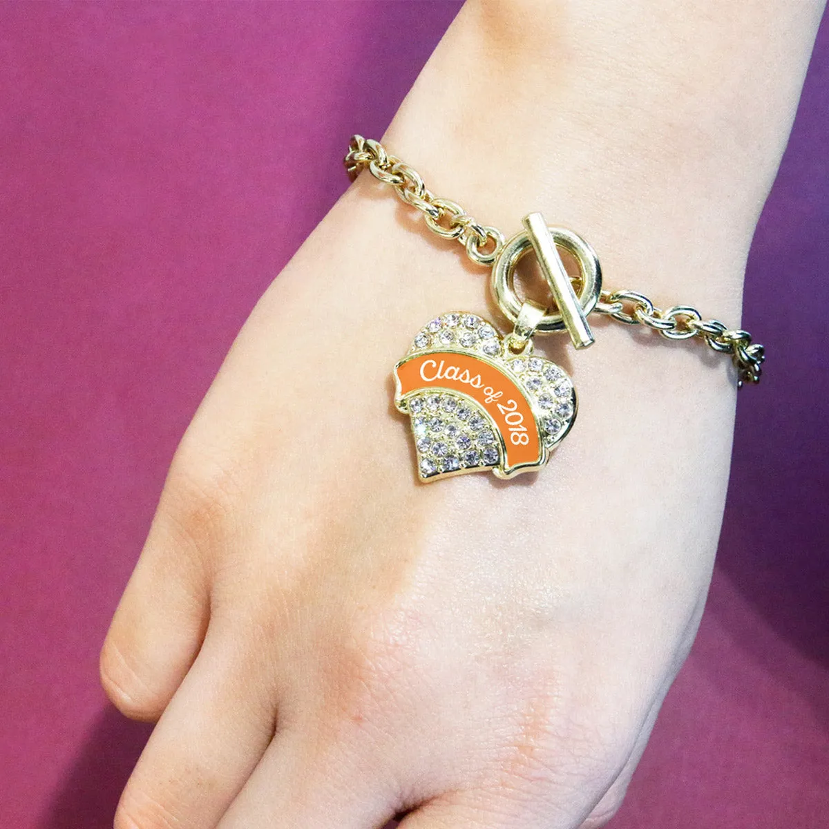 Gold Class of 2018 - Orange Pave Heart Charm Toggle Bracelet