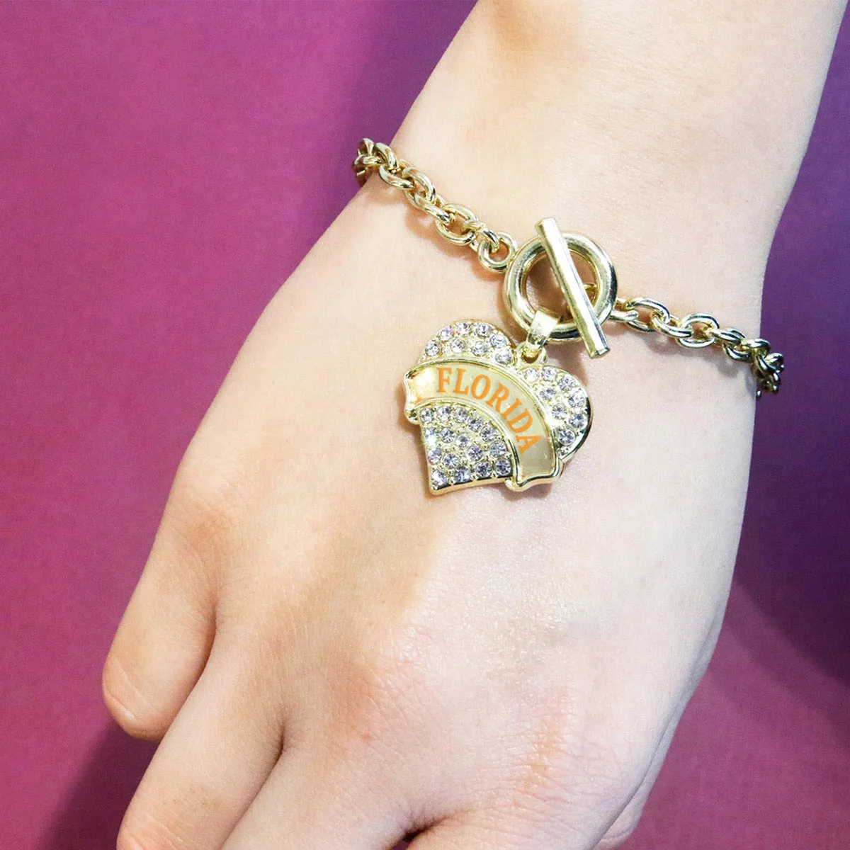 Gold Florida Pave Heart Charm Toggle Bracelet