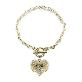 Gold God Pave Heart Charm Toggle Bracelet