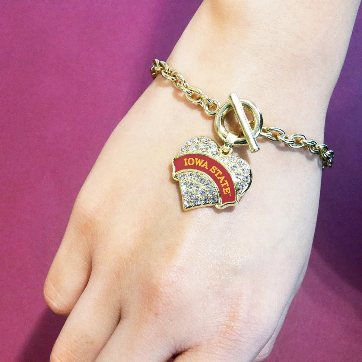 Gold Iowa State University [NCAA] Pave Heart Charm Toggle Bracelet
