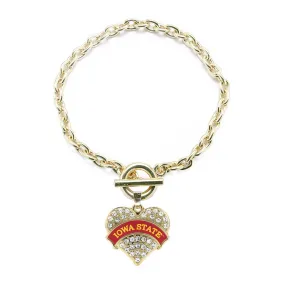 Gold Iowa State University [NCAA] Pave Heart Charm Toggle Bracelet