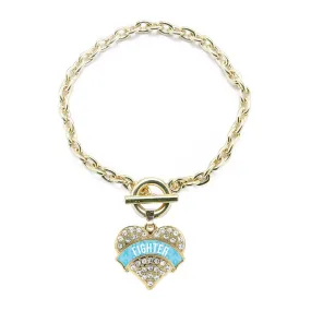 Gold Light Blue Fighter Pave Heart Charm Toggle Bracelet
