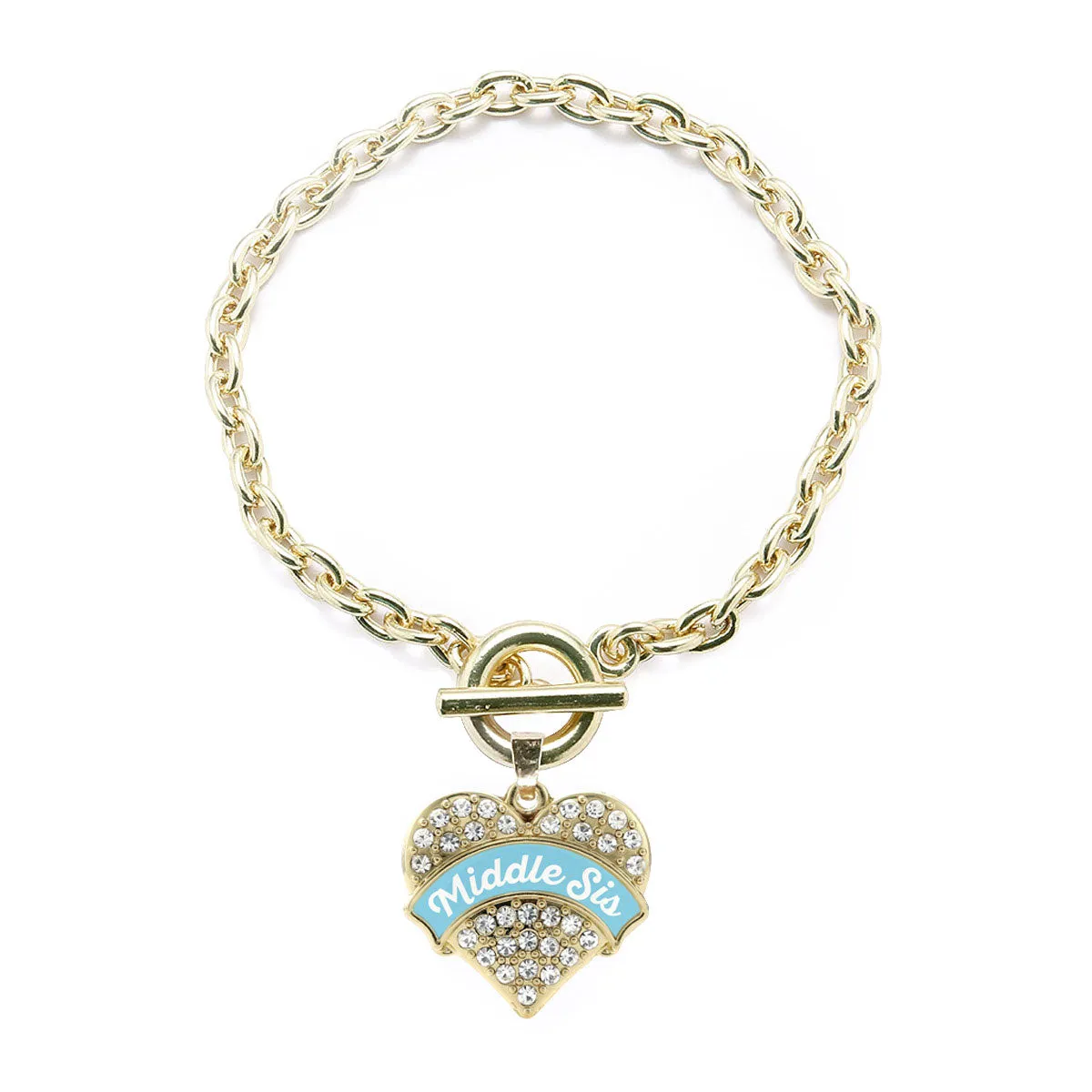 Gold Light Blue Middle Sister Pave Heart Charm Toggle Bracelet