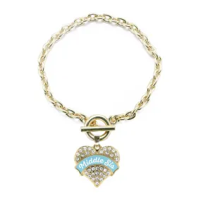 Gold Light Blue Middle Sister Pave Heart Charm Toggle Bracelet