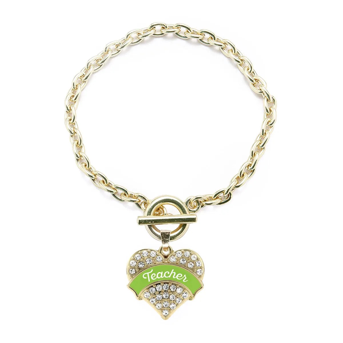 Gold Lime Green Teacher Pave Heart Charm Toggle Bracelet
