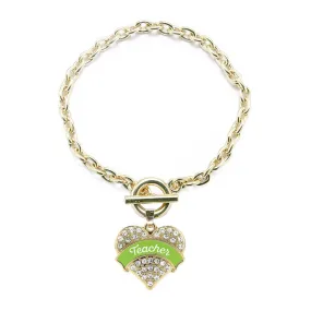 Gold Lime Green Teacher Pave Heart Charm Toggle Bracelet