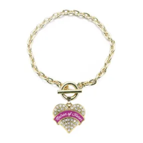 Gold Magenta Matron of Honor Pave Heart Charm Toggle Bracelet