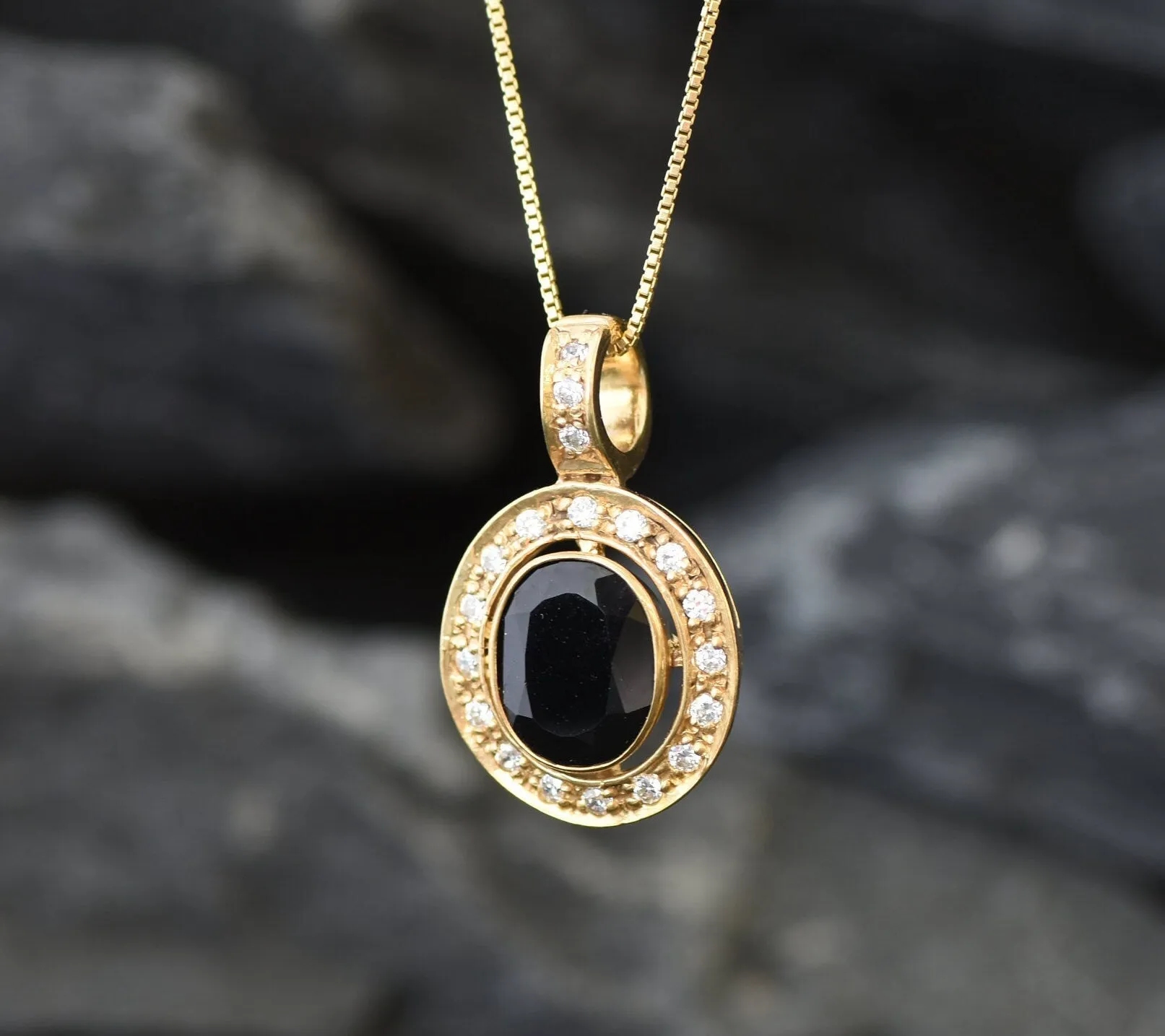 Gold Onyx Pendant - Natural Onyx Necklace - Black Vintage Pendant