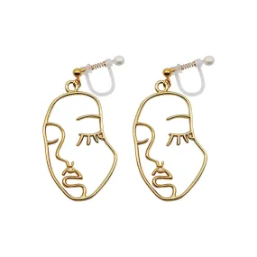 Gold Picasso Face Closed Eyes Invisible Clip On Earrings