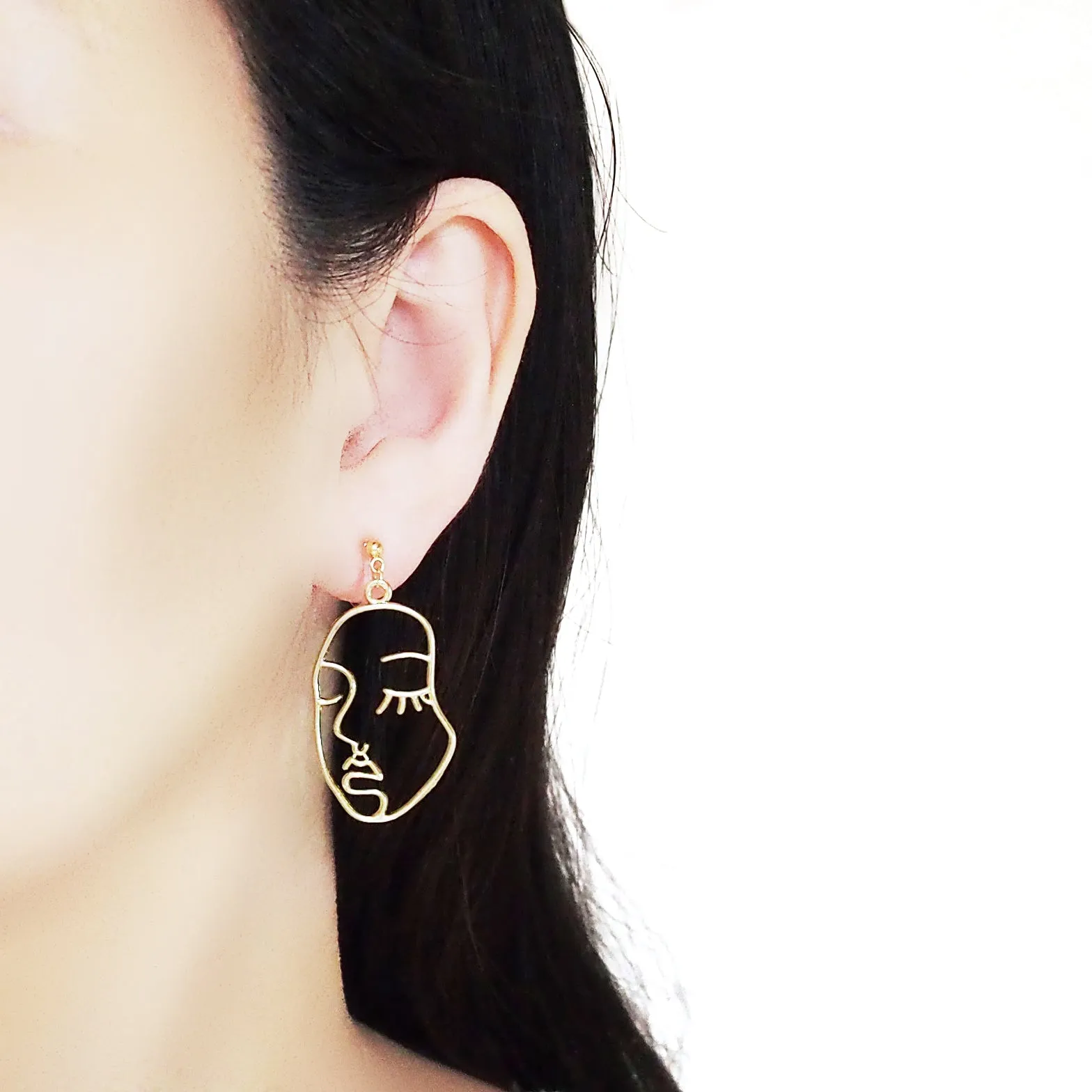 Gold Picasso Face Closed Eyes Invisible Clip On Earrings