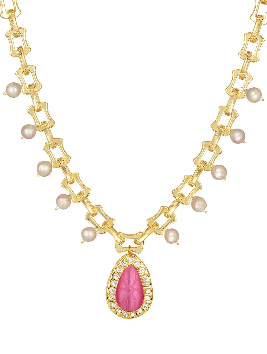 Gold Polished Brass Necklace With Onyx Stone & Shell Pearls