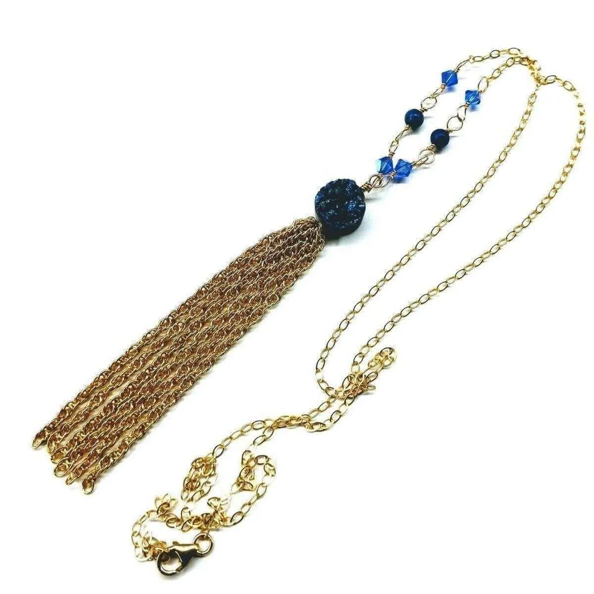 Golden Blue Druzy Chain Tassel Necklace