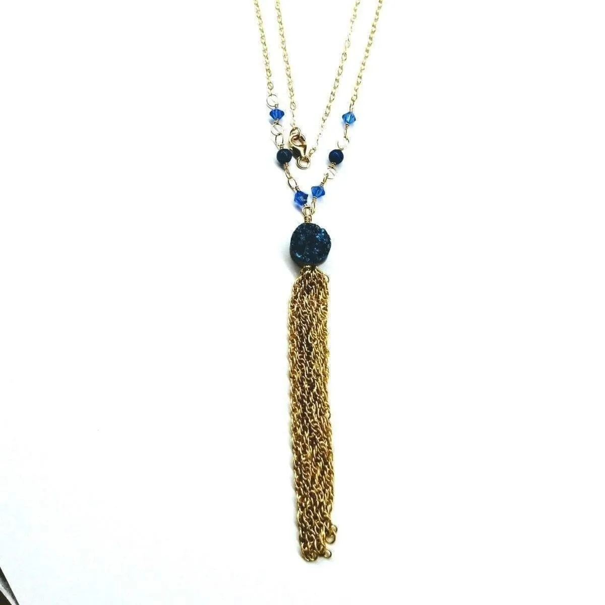 Golden Blue Druzy Chain Tassel Necklace