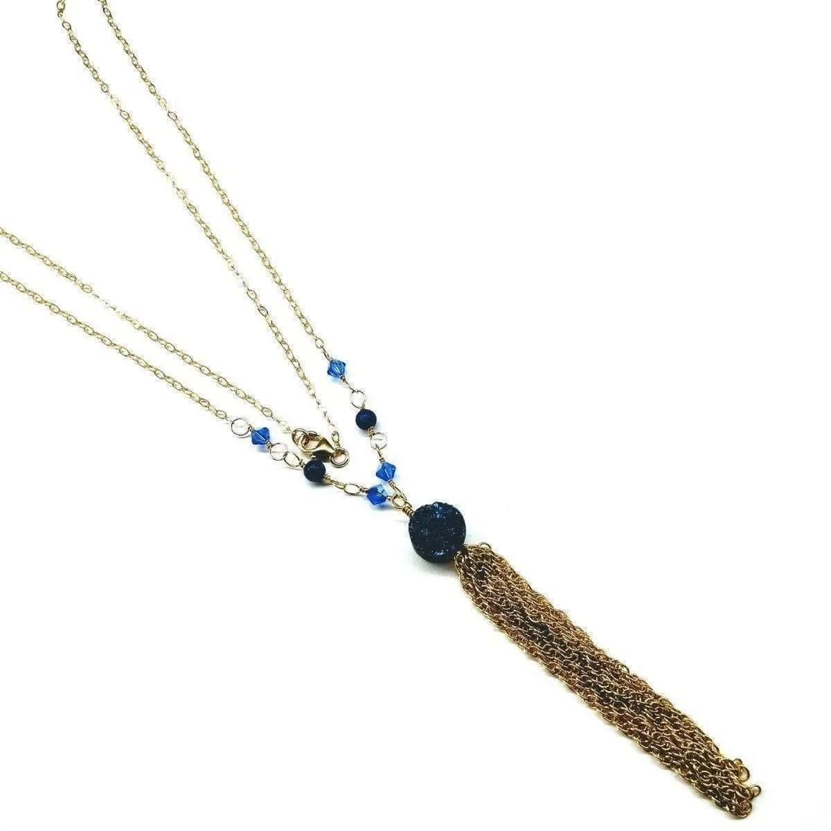 Golden Blue Druzy Chain Tassel Necklace