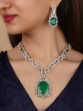 Green Color Silver Plated Faux Diamond Necklace Set - CZSET370GR