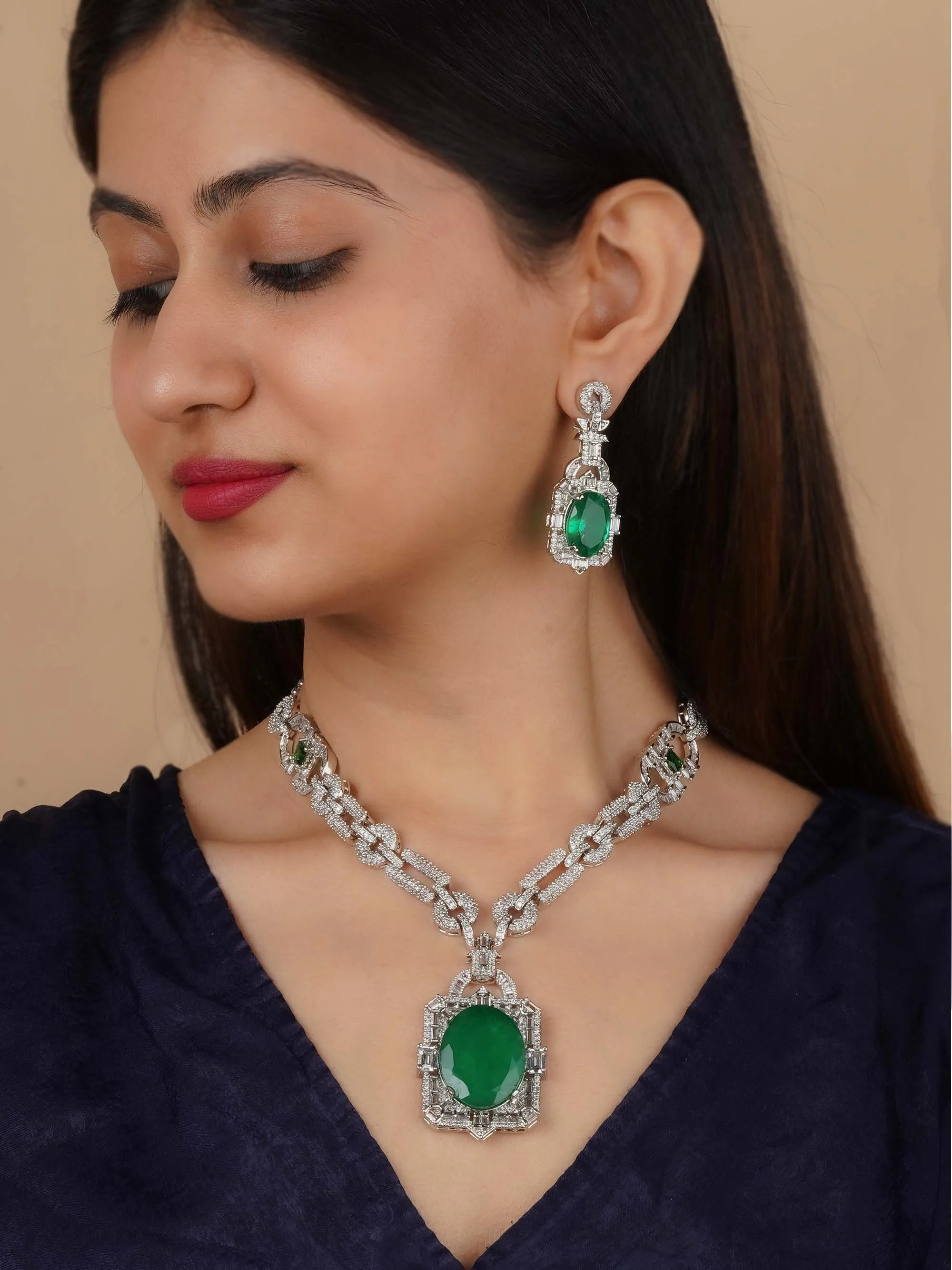 Green Color Silver Plated Faux Diamond Necklace Set - CZSET370GR