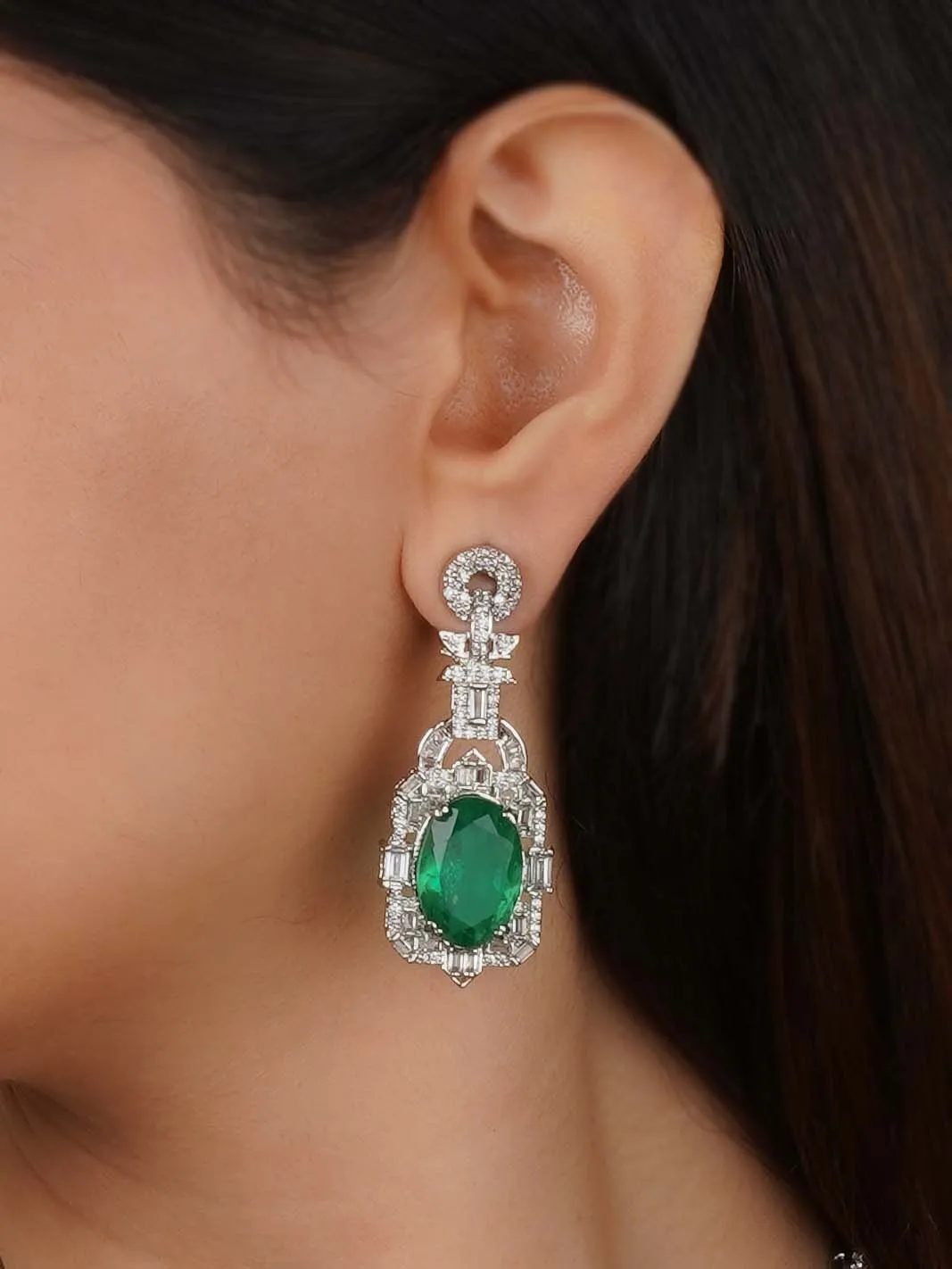 Green Color Silver Plated Faux Diamond Necklace Set - CZSET370GR