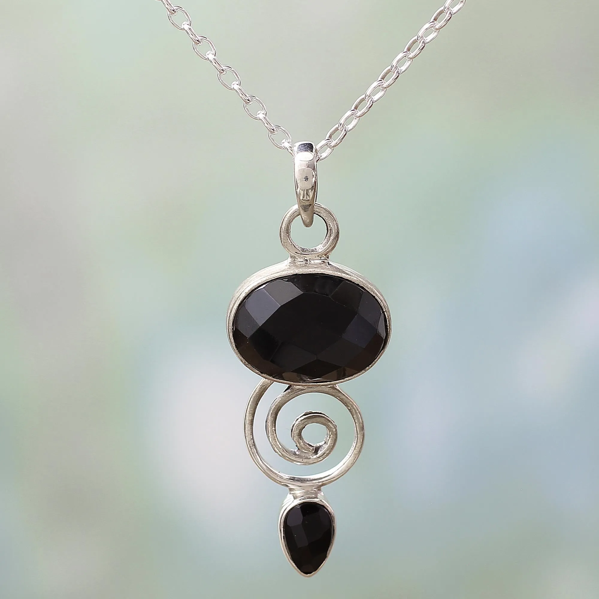 Hand Made Onyx and Sterling Silver Pendant Necklace - Romantic Journey | NOVICA