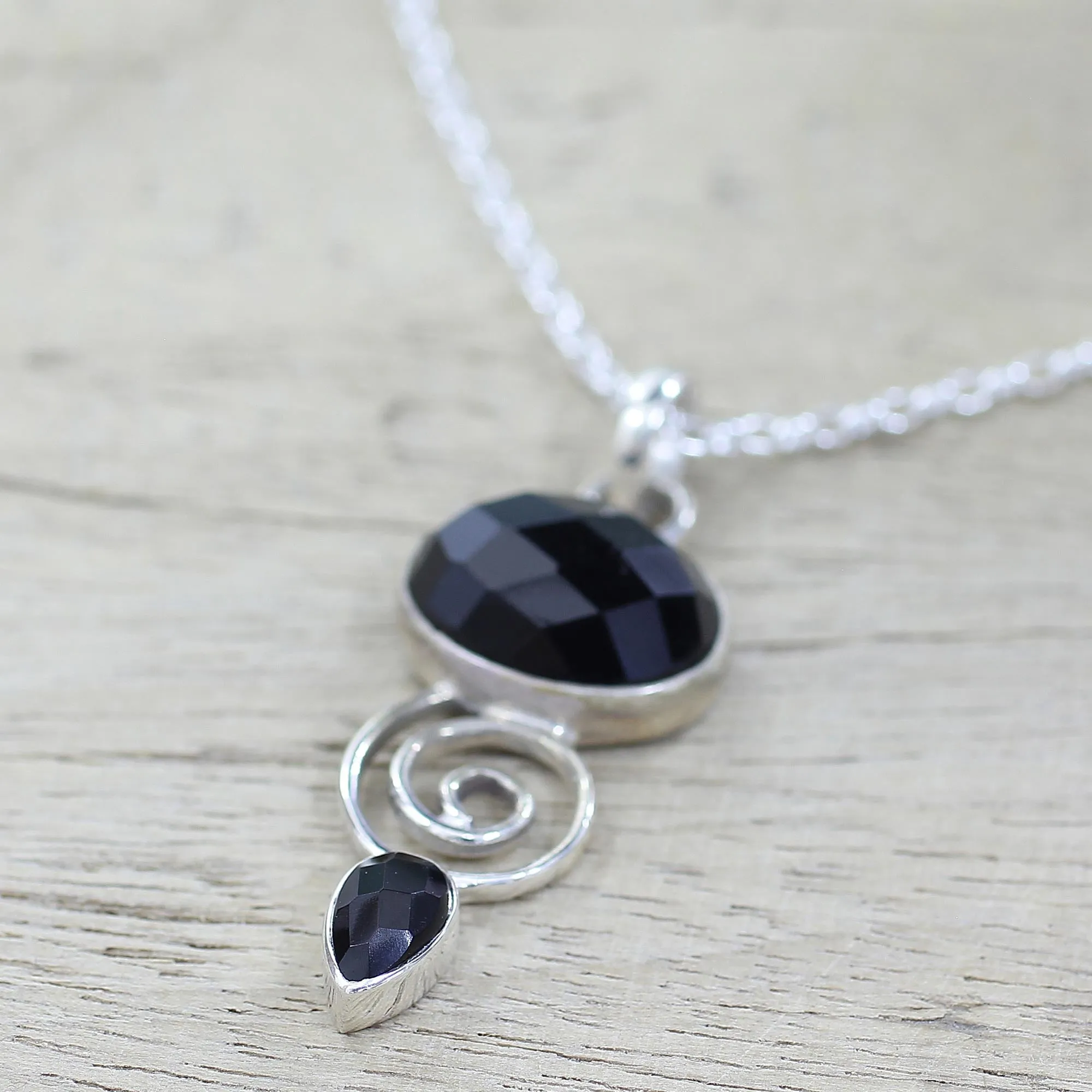 Hand Made Onyx and Sterling Silver Pendant Necklace - Romantic Journey | NOVICA