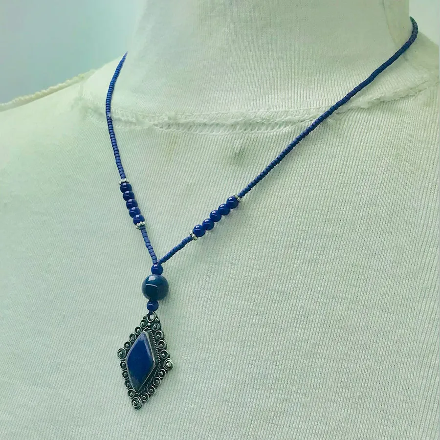 Handcrafted Lapis Lazuli Diamond Pendant Necklace