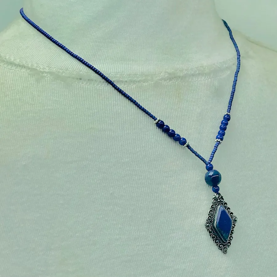 Handcrafted Lapis Lazuli Diamond Pendant Necklace