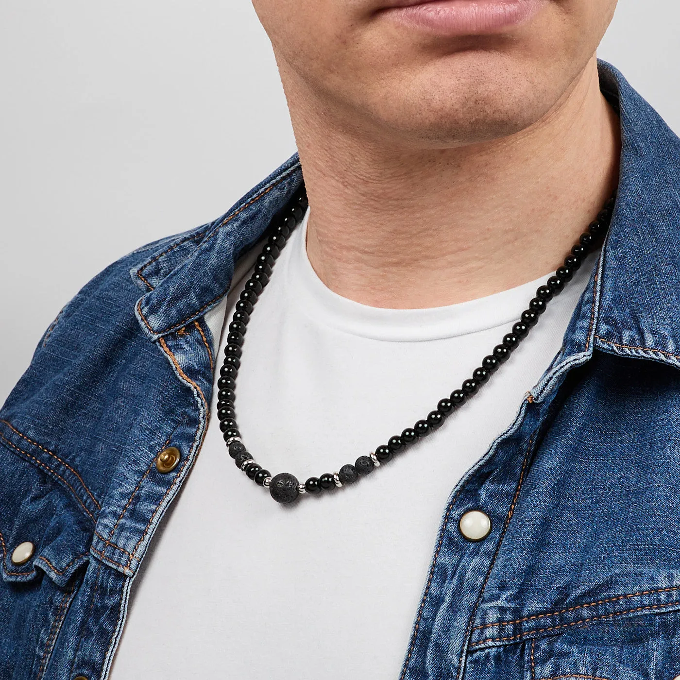 Handmade Mens Natural Black/Lava Gemstone Beaded Necklace