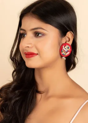 Handmade Red Kalamkari Fabric Stud Earrings, Non-Allergic and Ideal for Gifting