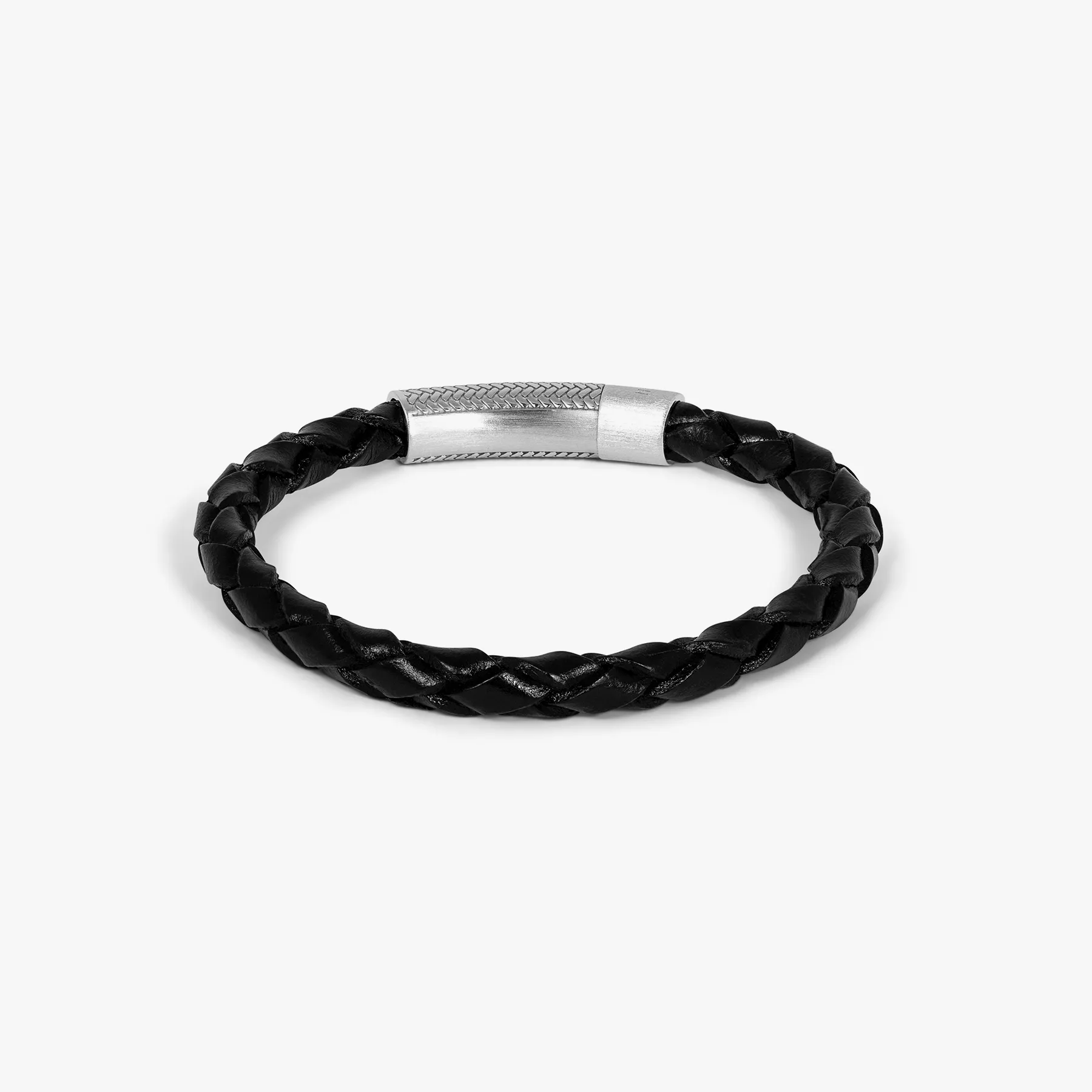 Herringbone Click Pelle Bracelet In Black Leather With Rhodium Plated Silver